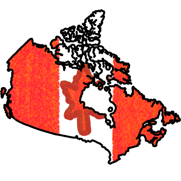 A land mass matching the shape of canada with a black outline and the interior matching the canadian flag: vertical stripes, red, white, red with a red leaf on the white stripe